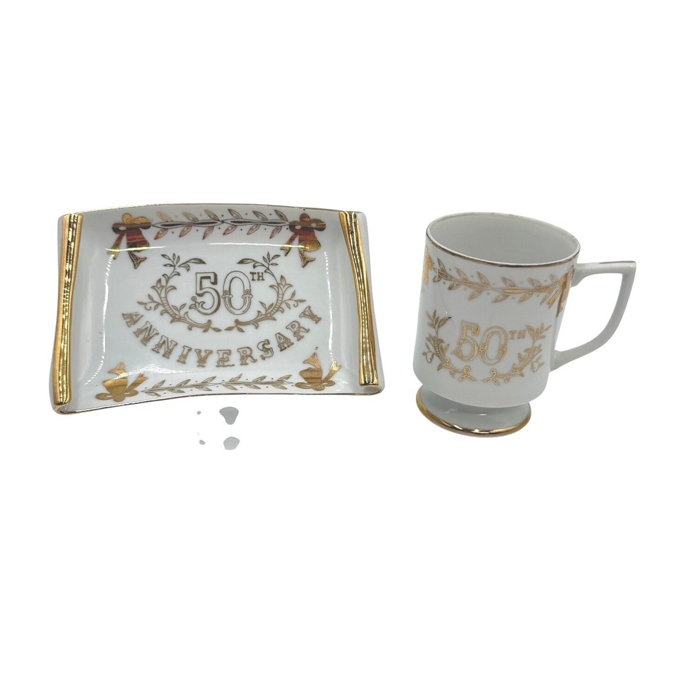 50th Anniversary Gold Trimmed Porcelain Mug and Trinket Dish Set‎ Hand Painted
